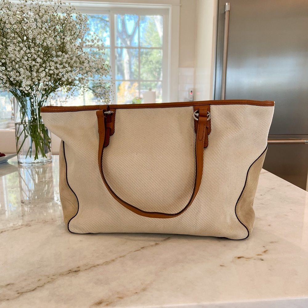 Lauren Ralph Lauren tote, beige canvas & taupe colored suede ends. GUC